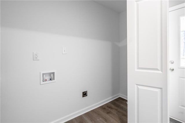 laundry area featuring hookup for a washing machine, hookup for an electric dryer, laundry area, dark wood-type flooring, and baseboards