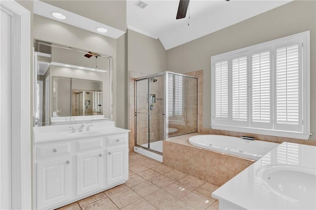 full bathroom featuring ceiling fan, vanity, tile patterned floors, a shower stall, and a garden tub