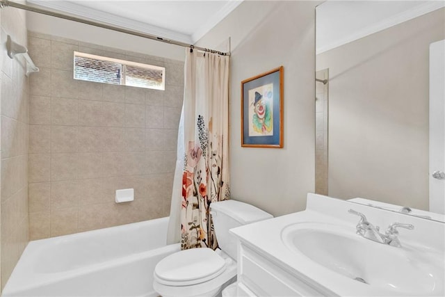 full bathroom featuring vanity, shower / bath combo, and toilet