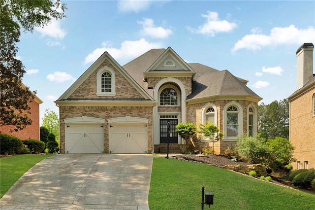 view of front of property featuring driveway, brick siding, and a front yard