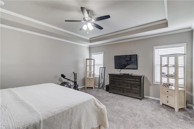1102 Kingswood Way, Hoschton, GA 30548 - carpeted bedroom with a raised ceiling, crown molding, baseboards, and ceiling fan