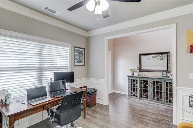 1102 Kingswood Way, Hoschton, GA 30548 - office featuring a ceiling fan, wood finished floors, crown molding, and a wainscoted wall