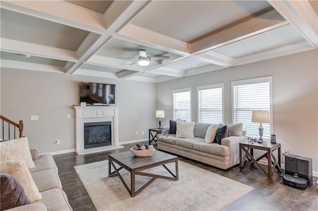 1102 Kingswood Way, Hoschton, GA 30548 - living area with dark wood-type flooring, coffered ceiling, baseboards, ceiling fan, and beam ceiling