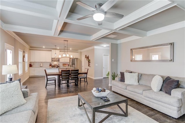 1102 Kingswood Way, Hoschton, GA 30548 - living room featuring coffered ceiling, dark wood finished floors, a ceiling fan, recessed lighting, and ornamental molding