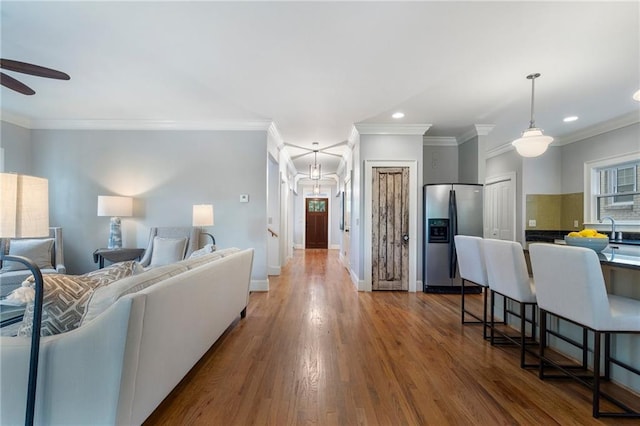1066 High Point Dr, Atlanta, GA 30306 - living room featuring recessed lighting, a ceiling fan, dark wood-style flooring, and crown molding