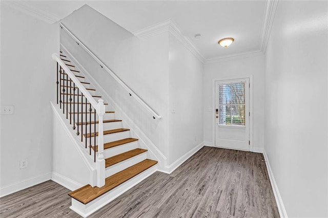 foyer entrance featuring wood-type flooring and ornamental molding