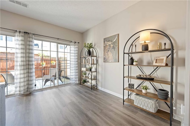 interior space featuring wood finished floors, baseboards, and a textured ceiling