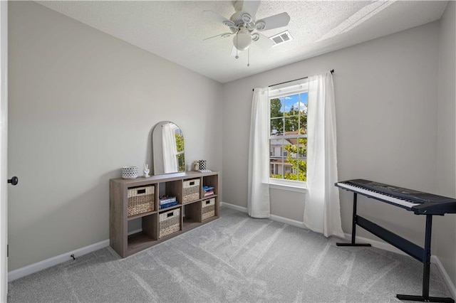 miscellaneous room featuring ceiling fan, baseboards, carpet floors, and a textured ceiling