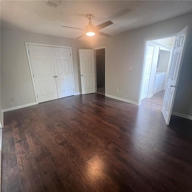 3045 Steeplechase, Alpharetta, GA 30004 - unfurnished bedroom with dark wood-style floors, baseboards, a ceiling fan, a closet, and a textured ceiling