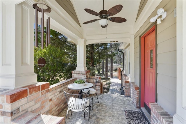 view of patio with a porch and ceiling fan