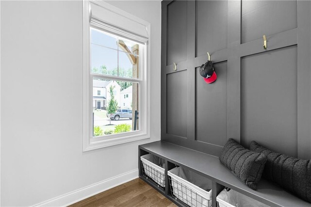 mudroom with a healthy amount of sunlight and dark hardwood / wood-style flooring