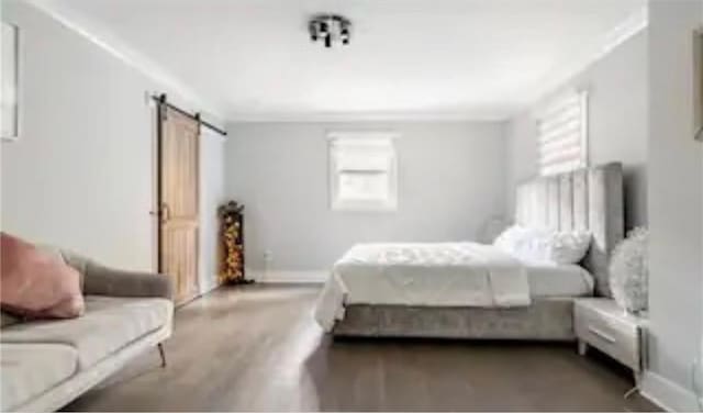 bedroom with a barn door, multiple windows, and hardwood / wood-style floors