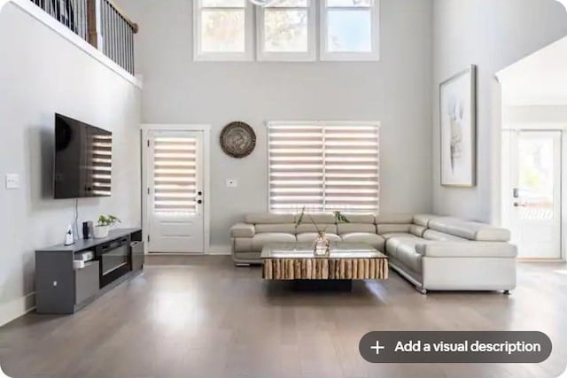 living room featuring a high ceiling and hardwood / wood-style floors