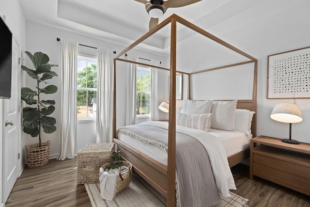 bedroom featuring ceiling fan and dark wood-type flooring