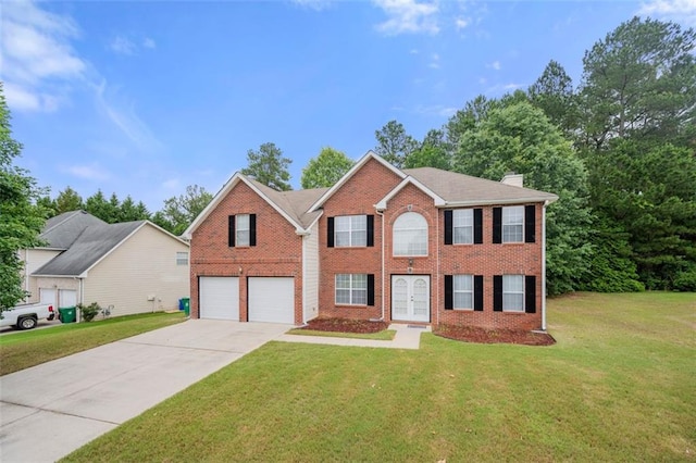 1486 Rogers Crossing Dr, Lithonia, GA 30058 - colonial inspired home featuring driveway, brick siding, a front lawn, a garage, and a chimney