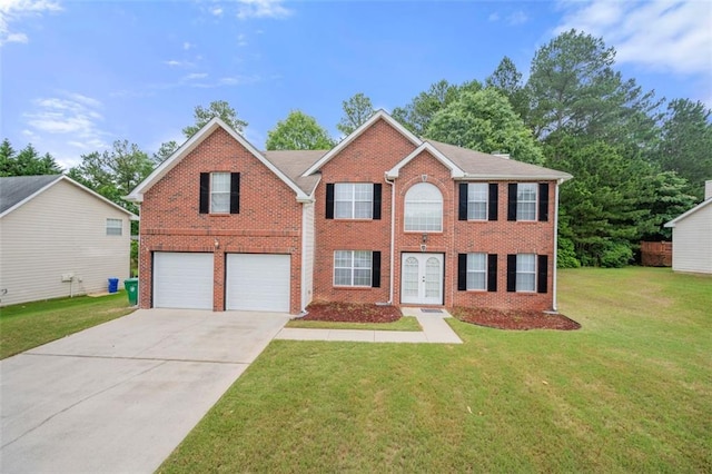 1486 Rogers Crossing Dr, Lithonia, GA 30058 - colonial home featuring brick siding, driveway, an attached garage, a front yard, and french doors