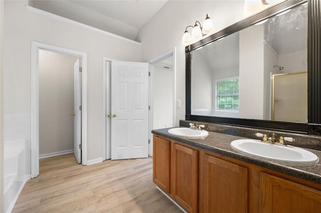 1486 Rogers Crossing Dr, Lithonia, GA 30058 - full bathroom featuring wood finished floors, double vanity, a garden tub, a shower with door, and lofted ceiling