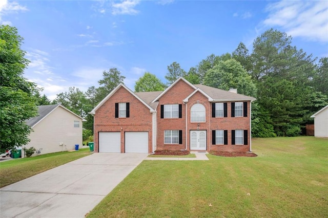 1486 Rogers Crossing Dr, Lithonia, GA 30058 - colonial home featuring brick siding, french doors, an attached garage, driveway, and a front lawn