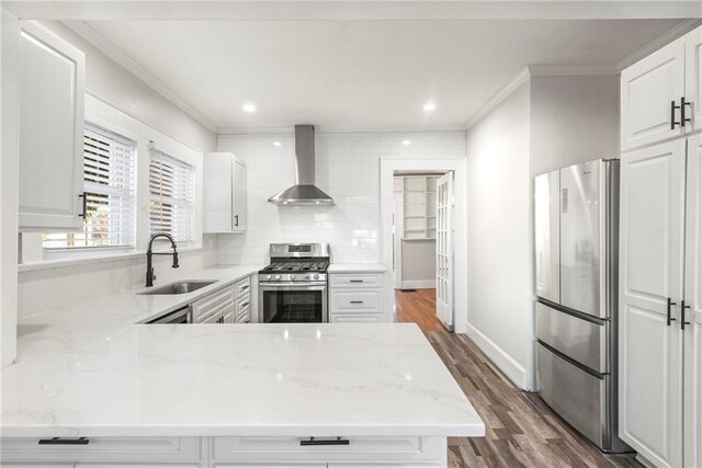 kitchen featuring white cabinets, wall chimney range hood, sink, light stone counters, and stainless steel appliances