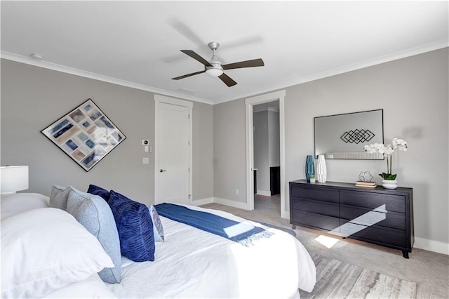 bedroom featuring ceiling fan, ornamental molding, and light carpet