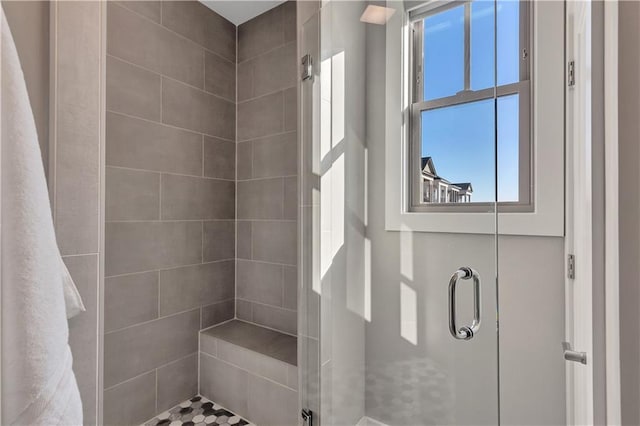 bathroom with plenty of natural light and a shower with door