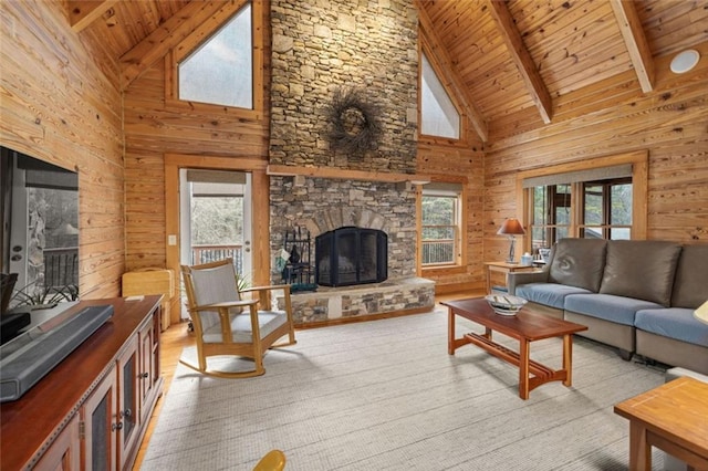 5505 Whitehall Rd, Lula, GA 30554 - living room featuring a fireplace, wooden walls, wood ceiling, and lofted ceiling with beams