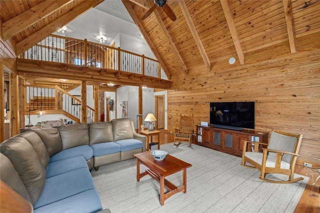 5505 Whitehall Rd, Lula, GA 30554 - living room featuring a ceiling fan, wood ceiling, wood walls, and stairs