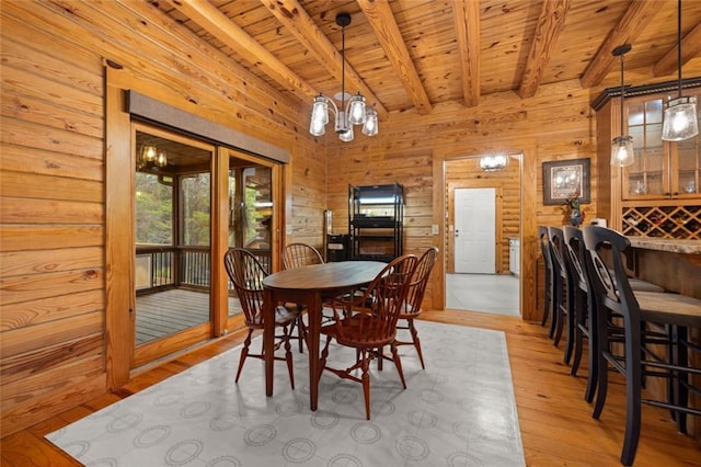 5505 Whitehall Rd, Lula, GA 30554 - dining room featuring light wood-style flooring, wooden ceiling, wood walls, and beamed ceiling