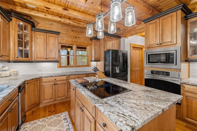 5505 Whitehall Rd, Lula, GA 30554 - kitchen featuring backsplash, light wood-style flooring, wood ceiling, and black appliances