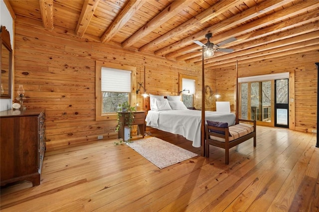 5505 Whitehall Rd, Lula, GA 30554 - bedroom featuring wood walls, beam ceiling, wood ceiling, and light wood finished floors