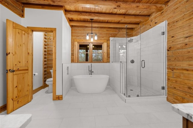 5505 Whitehall Rd, Lula, GA 30554 - full bath with toilet, wood ceiling, a shower stall, beamed ceiling, and a freestanding bath
