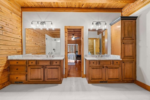 5505 Whitehall Rd, Lula, GA 30554 - ensuite bathroom featuring a sink, a stall shower, wood ceiling, and two vanities