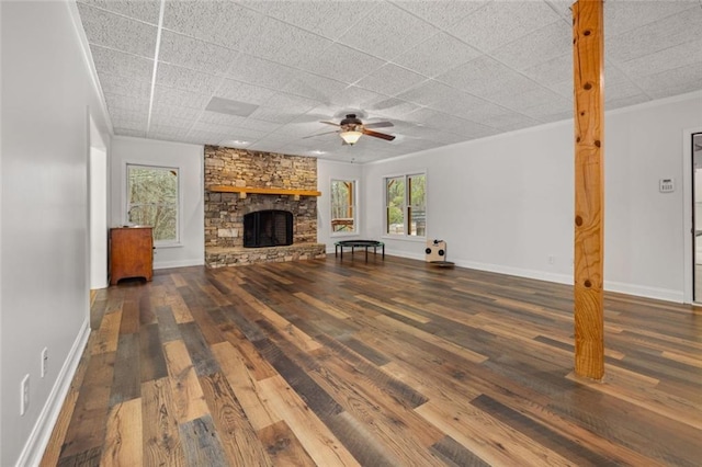5505 Whitehall Rd, Lula, GA 30554 - unfurnished living room with a fireplace, baseboards, ceiling fan, and wood finished floors