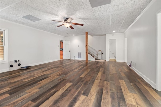 5505 Whitehall Rd, Lula, GA 30554 - unfurnished living room featuring stairs, visible vents, ceiling fan, and baseboards