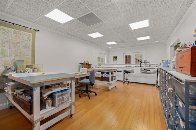 5505 Whitehall Rd, Lula, GA 30554 - office space with a drop ceiling, french doors, light wood-style floors, and crown molding