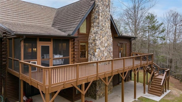 5505 Whitehall Rd, Lula, GA 30554 - wooden terrace with a sunroom, stairs, and a patio area