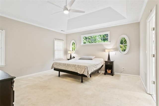 533 Coolsprings Walk, Woodstock, GA 30188 - bedroom with a tray ceiling, light carpet, ceiling fan, and ornamental molding