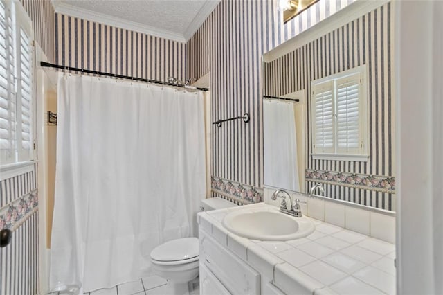 533 Coolsprings Walk, Woodstock, GA 30188 - full bathroom with wallpapered walls, vanity, a textured ceiling, ornamental molding, and shower / bath combo with shower curtain