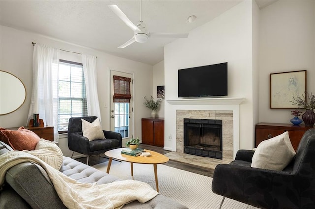 448 Teal Ct, Roswell, GA 30076 - living area with a premium fireplace, ceiling fan, vaulted ceiling, and wood finished floors