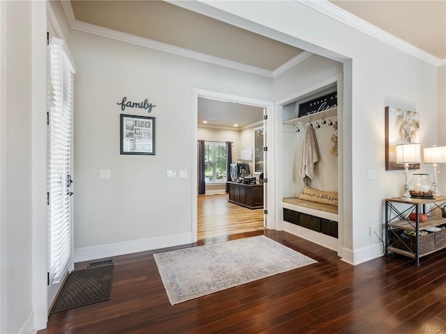 mudroom with ornamental molding and dark hardwood / wood-style flooring