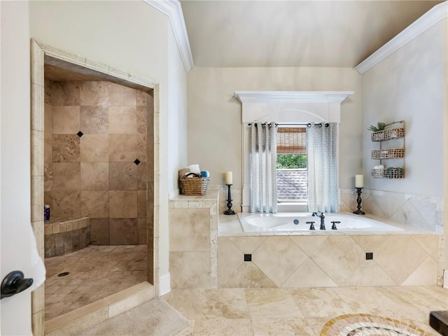 bathroom featuring independent shower and bath, crown molding, and tile patterned floors