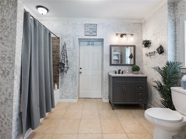 full bathroom featuring shower / tub combo with curtain, tile patterned flooring, vanity, ornamental molding, and toilet