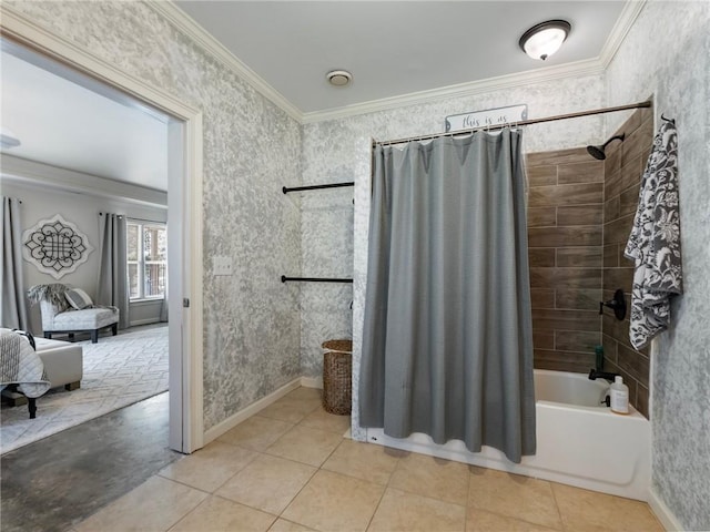 bathroom with tile patterned floors, ornamental molding, and shower / bath combination with curtain