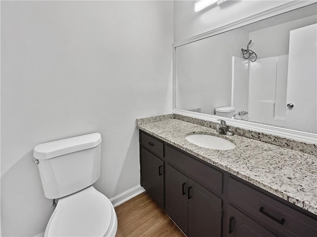 bathroom featuring vanity, hardwood / wood-style flooring, and toilet