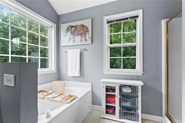 10 Callaway Ct, Hiram, GA 30141 - bathroom featuring healthy amount of natural light, a bath, a shower with shower door, and vaulted ceiling