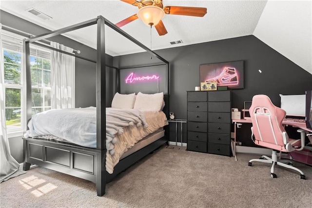 10 Callaway Ct, Hiram, GA 30141 - carpeted bedroom featuring an office area, a ceiling fan, lofted ceiling, and a textured ceiling