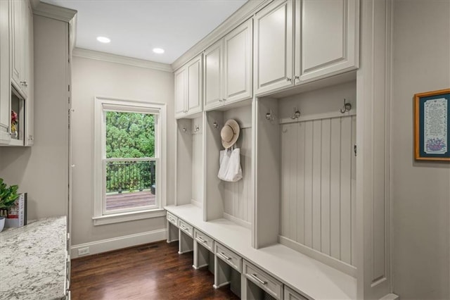 7025 Kettering Ln, Suwanee, GA 30024 - mudroom featuring dark wood finished floors, baseboards, recessed lighting, and ornamental molding