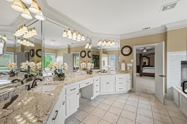 7025 Kettering Ln, Suwanee, GA 30024 - bathroom with crown molding, a ceiling fan, double vanity, tile patterned floors, and ensuite bath