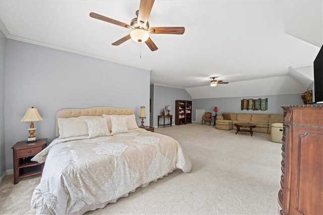 7025 Kettering Ln, Suwanee, GA 30024 - bedroom with light colored carpet, crown molding, vaulted ceiling, a ceiling fan, and baseboards