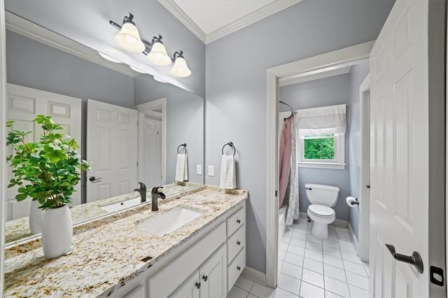 7025 Kettering Ln, Suwanee, GA 30024 - bathroom featuring toilet, vanity, tile patterned flooring, baseboards, and ornamental molding